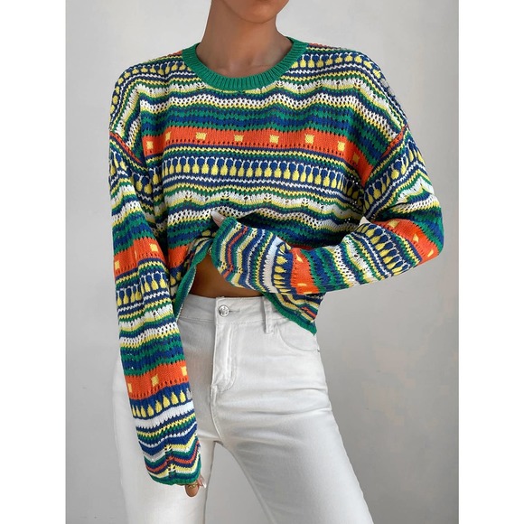 Striped 70s style vintage Pointelle Knit Sweater purple - Picture 8 of 11